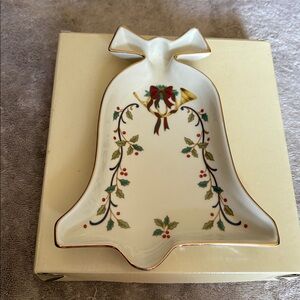 Mikasa Festive Porcelain Candy Bell-Shaped Dish with Holly Design Gold Trim.